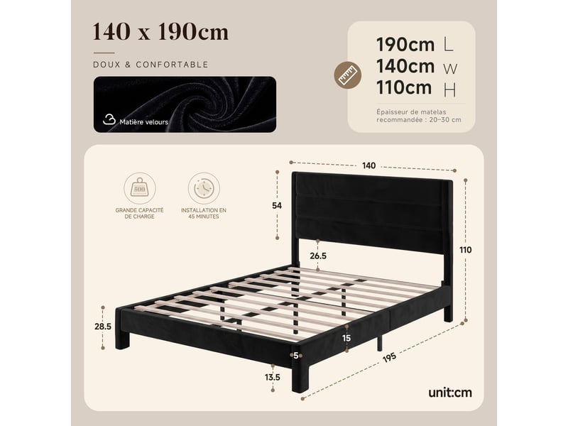  Lit 140 x 190 avec sommier à lattes en bois, cadre de lit rembourré, structure métallique, lit 2 personnes, charge maximale 500 kg, noir  - Conforama E