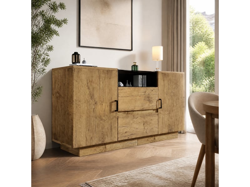 Buffet bas chêne clair avec 2 tiroirs, 2 placards et niche ouverte – 140 x 40 x 70 cm - Conforama B