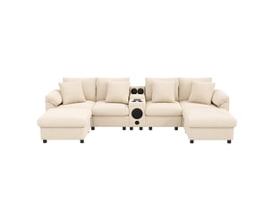 Canapé d'angle modulable 4 à 6 places en velours côtelé beige avec enceinte bluetooth