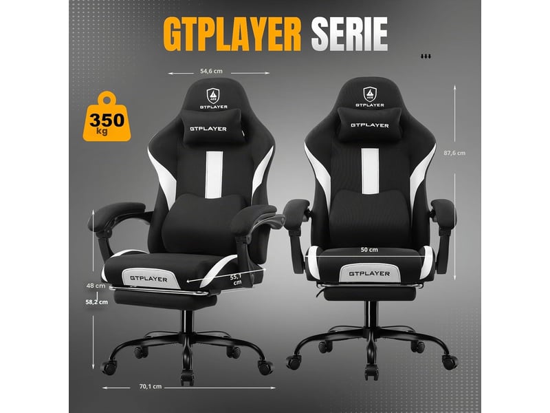  Gtplayer chaise de jeu ergonomique, réglable et pivotante en tissu respirant - blanc GT905-WT - Conforama C