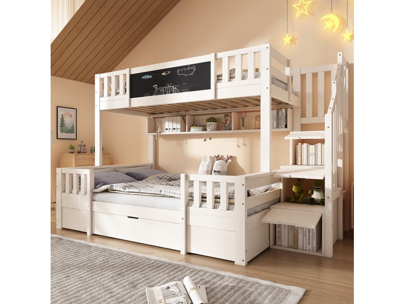  Lit superposé 3 places 90x200 et 140x200 avec tableau noir, escalier de rangement, tiroirs et armoire échelle bois blanc sans matelas  - Conforama E