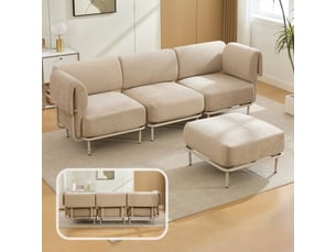 Canapé d’angle modulable 3 places 251x155x78 cm avec pouf mobile, assise en mousse haute densité, tissu chenille kaki, style scandinave