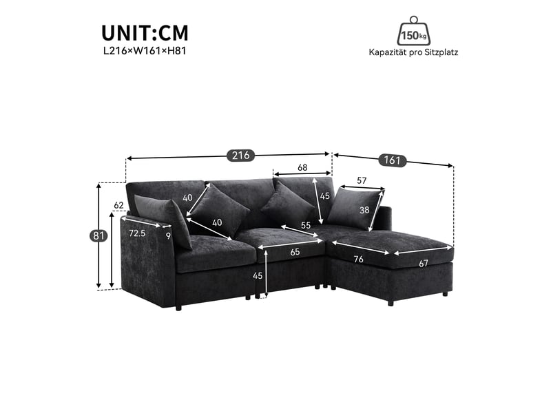 Canapé d’angle modulable 34 places en l 216x161x81 cm avec pouf amovible, 4 coussins, canapé en tissu chenille - gris - Conforama D