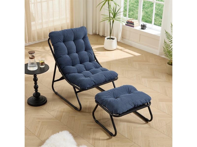  Fauteuil de jardin avec repose-pied - 65x78x86cm - chaise lounge relax avec coussin moelleux - acier &amp; velours côtelé-bleu marine  - Conforama D