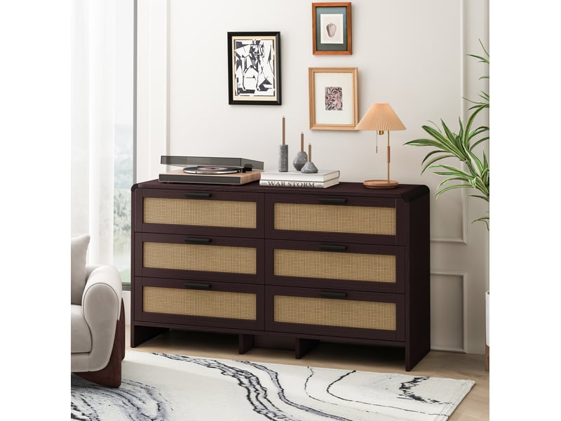 Meuble de rangement 130x40x74 cm, 6 tiroirs, buffet, armoire de rangement, commode, coins arrondis,en mdf, marron  - Conforama E