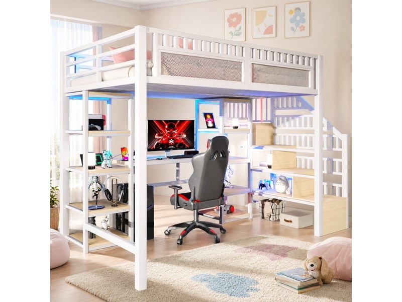  Lit mezzanine enfant 140 x 200 cm blanc avec bureau, rangements, led et usb  - Conforama C
