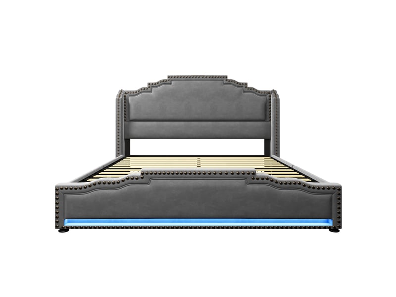  Lit coffre 140 × 200 cm 2 places avec 4 tiroirs, led réglable, usb et type-c, matelas inclus, velours gris  - Conforama A