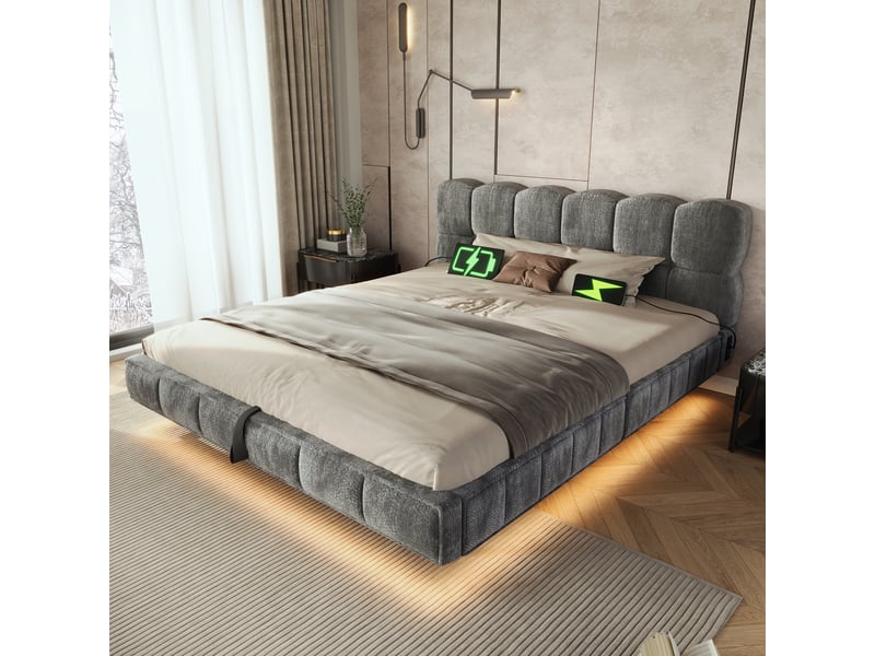  Lit 2 places rembourré 140x200cm en apesanteur, design bulle nuage, lit coffre avec hydraulique, led, usb &amp; type-c, chenille gris  - Conforama C