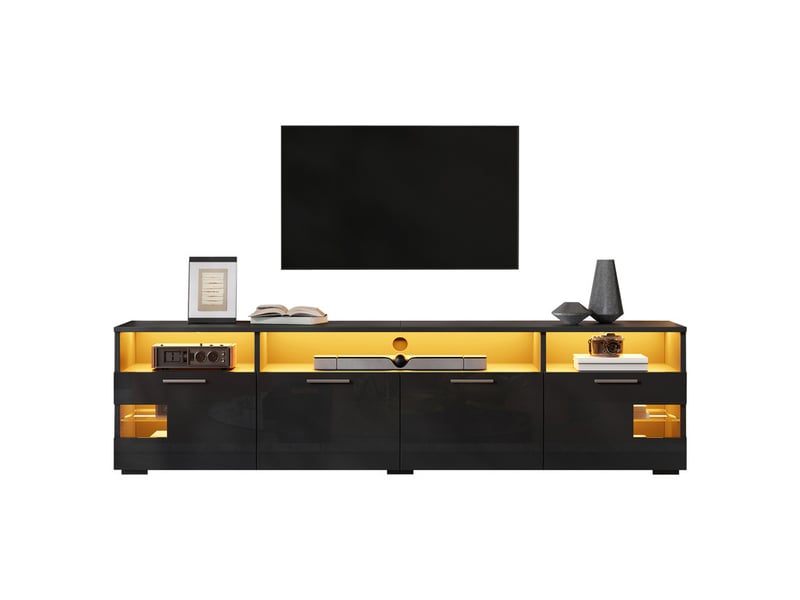  Meuble tv bas, 180 × 35 × 45 cm, noir, avec éclairage led et compartiments ouverts pour le salon  - Conforama A