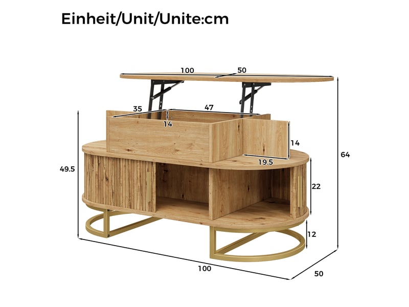  Table basse ovale, réglable en hauteur, en mdf, avec rangement et porte coulissante. Structure en tube d'acier et poignée en alliage de zinc.  - Conforama C