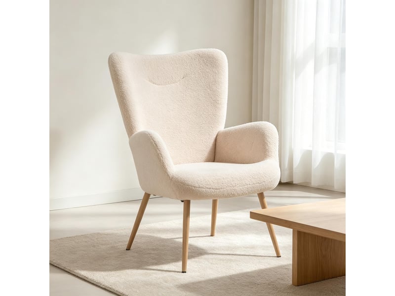  Fauteuil lounge 71x74x97.5cm – sessel individuel avec dossier haut ergonomique et accoudoirs intégrés – peluche et tissu - beige  - Conforama B