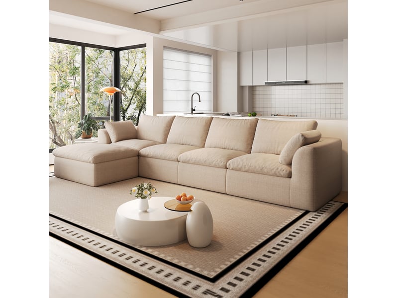  Canapé d’angle 5 places en tissu de lin kaki, 310x155x83 cm  - Conforama R