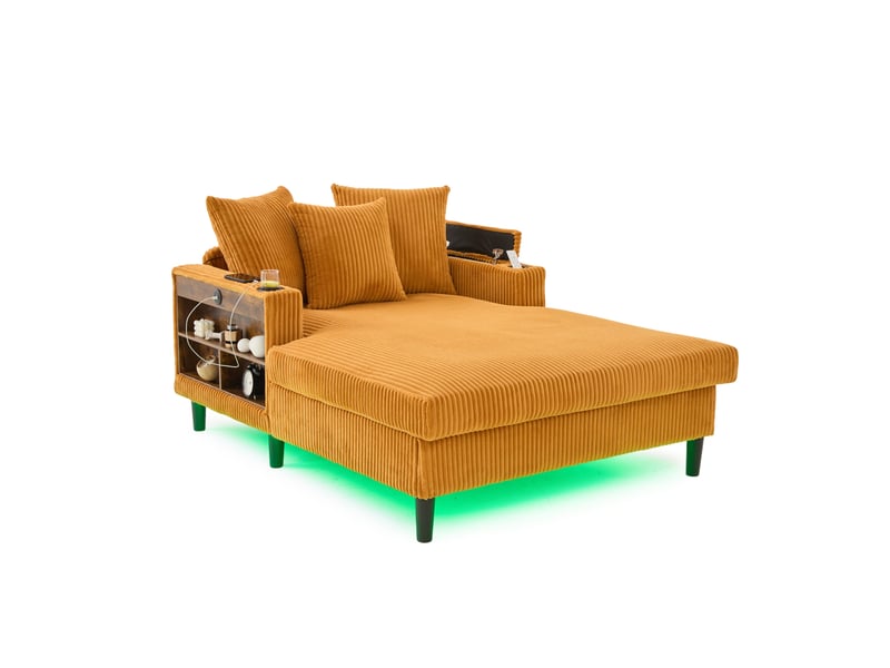  Chaise longue fixe 1 place en velours côtelé jaune moutarde avec led, usb et rangements intégrés pour le salon  - Conforama A