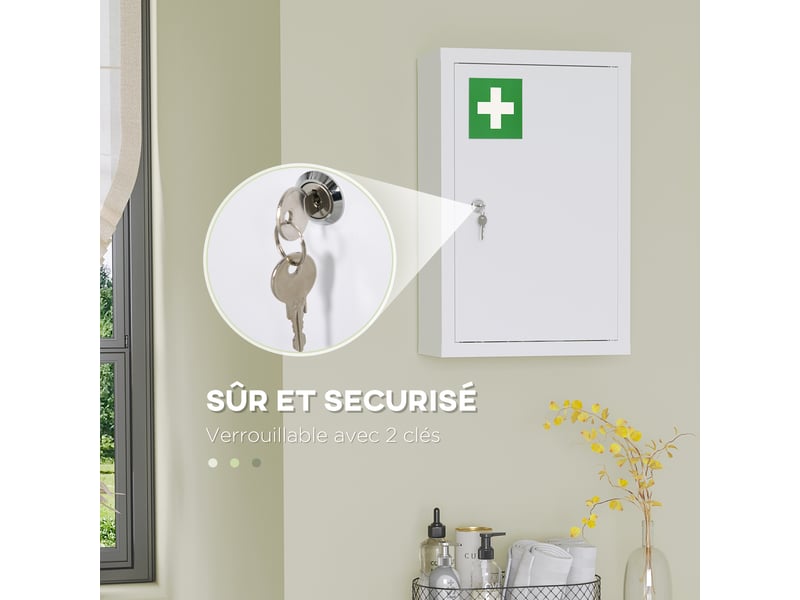 Armoire à pharmacie murale en acier, armoire à médicaments à 3 niveaux porte verrouillable 2 clés, blanc, 30x14x46cm  - Conforama A
