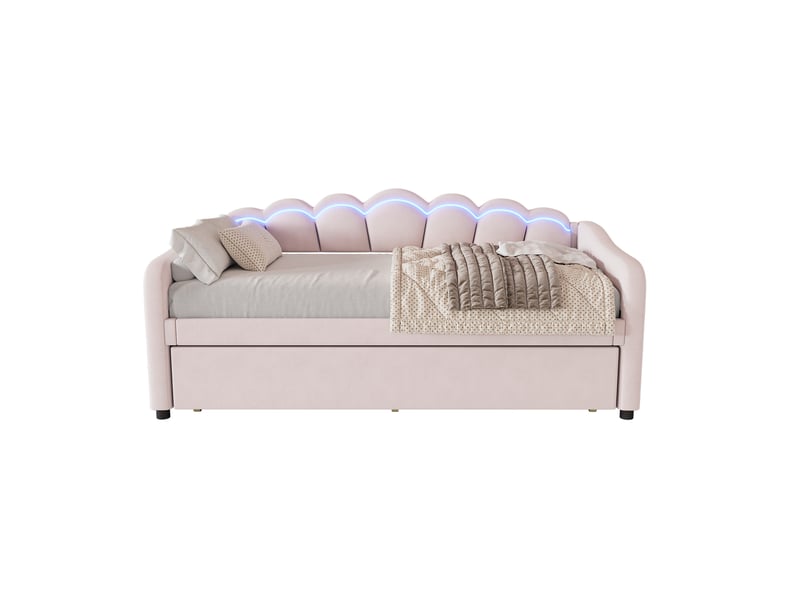  Canapé-lit 90x200 cm avec gigogne 90x190 cm et led, velours, rose, sans matelas  - Conforama D