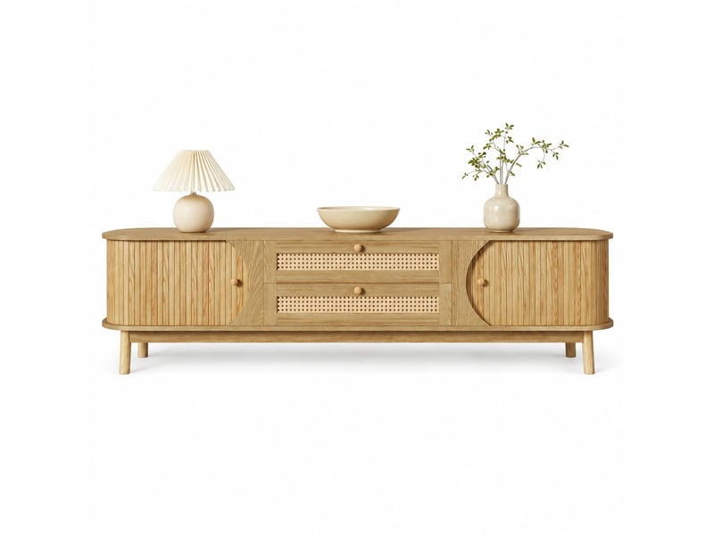  Meuble tv modenvie avec portes coulissantes et 2 tiroirs en rotin 170 x 39,5 x 46 cm naturel  - Conforama A
