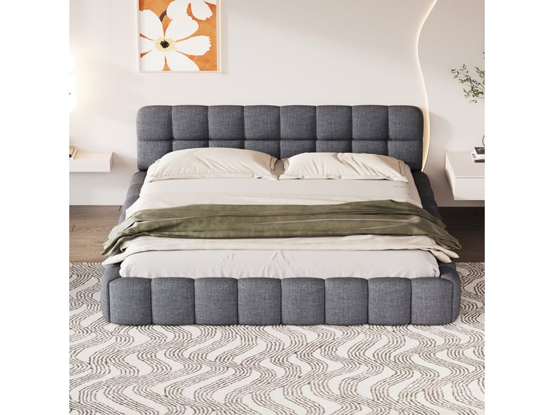  Lit adulte 140x200 à sommier à lattes, tête de lit capitonnée, cadre de lit rembourré en tissu lin, lit double design bulle, lit chambre sans matelas  - Conforama B
