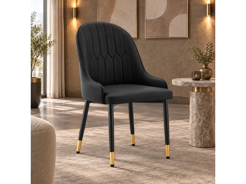  Lot de 2 chaises de salle à manger dossier éclair rembourré  - pieds en métal, simili cuir noir  - Conforama C
