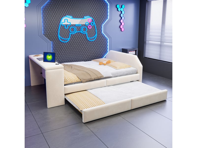 Lit avec bureau intégré 140x200 cm - port usb - extensible - velours - structure fonctionnelle - design moderne - gain de place - beige CozyNest - Conforama B