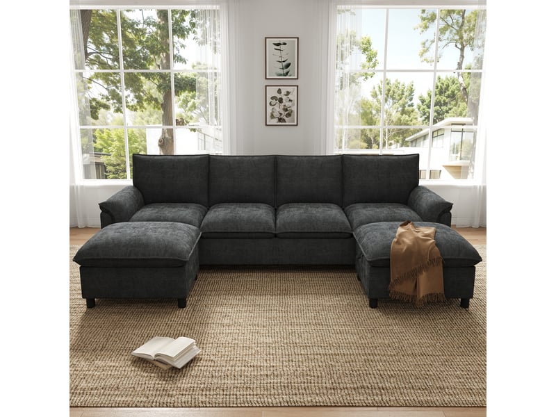  Canapé d’angle modulable en u – assise profonde – tissu chenille – 2 poufs – noir  - Conforama D