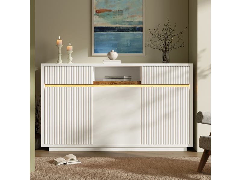  Buffet blanc à led 140 x 40 x 85 cm, 2 tiroirs, 3 portes, étagères réglables  - Conforama B