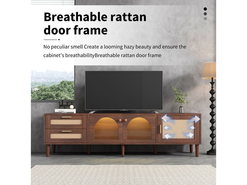 Meuble tv 180 cm pour téléviseur 80 pouces, marron, avec rangement multimédia, tiroirs en rotin, portes vitrées et éclairage led - Conforama R