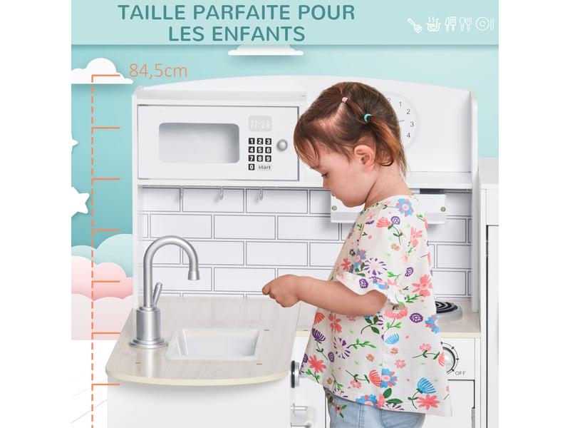 Cuisine bois jeu d'imitation - cuisine enfant 3+ ans - nombreux accessoires & rangements inclus - micro-ondes, hotte, évier avec robinet - mdf pin blanc - Conforama W