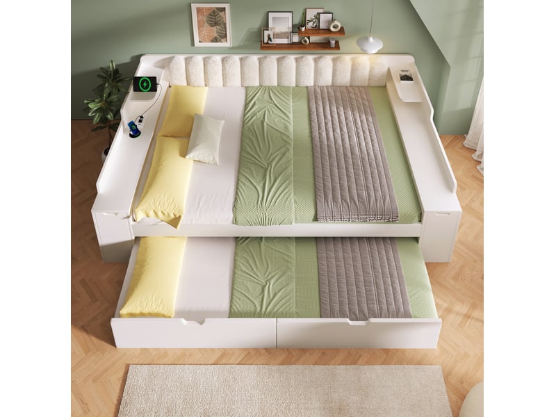  Lit gigogne 140x200 cm, lit jeune avec rangement en mdf et métal couleur blanc sans matelas, design moderne  - Conforama B