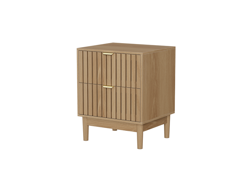 Table de chevet 45x39x56,5 cm avec 2 tiroirs en mdf chêne clair, design à lattes, meuble de rangement pour chambre, salon  - Conforama E
