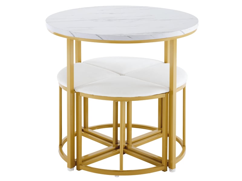  Ensemble table à manger et 4 chaises, table ronde blanche en mdf 80 cm, sièges en velours et structure métallique dorée  - Conforama W