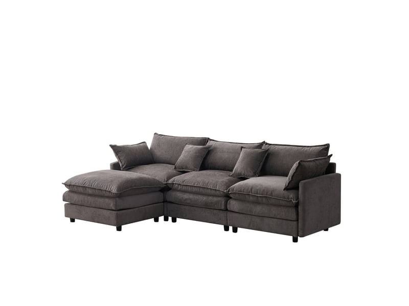  Canapé d’angle 3 places, canapé modulable avec pouf en chenille gris, 267x154x85 cm  - Conforama E