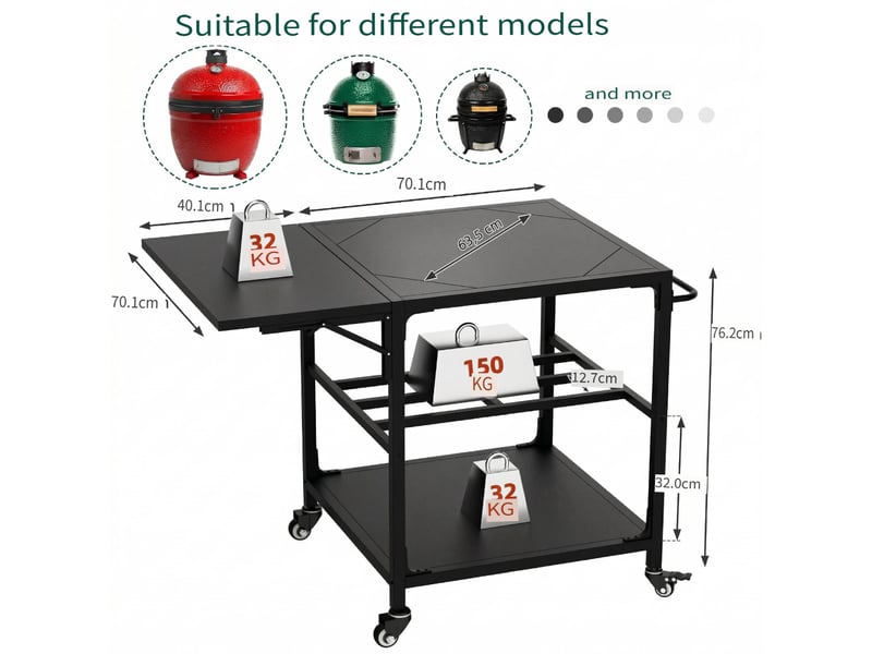 Table pour barbecue d'extérieur en métal avec roulettes, tablette, crochets et housse amovible, compatible kamado 53 à 66 cm - Conforama E