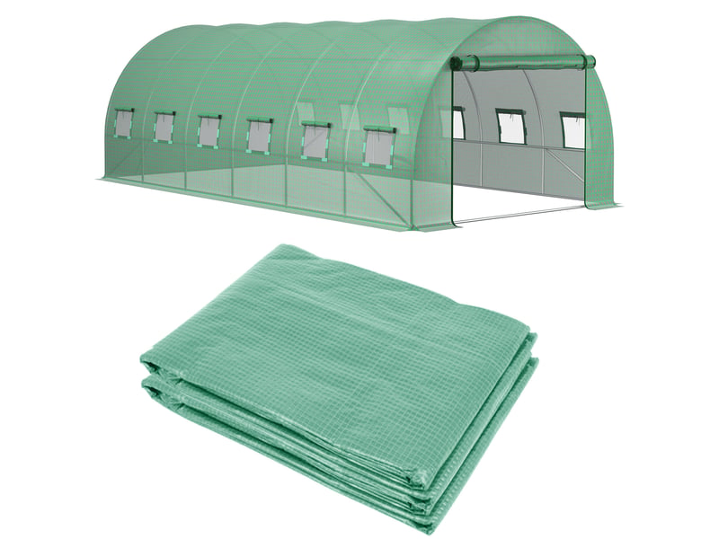  Bâche de rechange serre tunnel 18 m², bâche 6 x 3 x 2 m pe anti-uv imperméable 12 fenêtres + porte enroulable zippée vert  - Conforama B