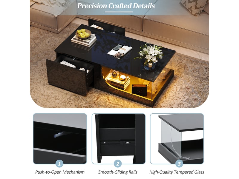  Table basse design noire - 2 tiroirs - haute brillance - verre trempé - led contrôlables - mdf 100x50x30cm - Conforama C
