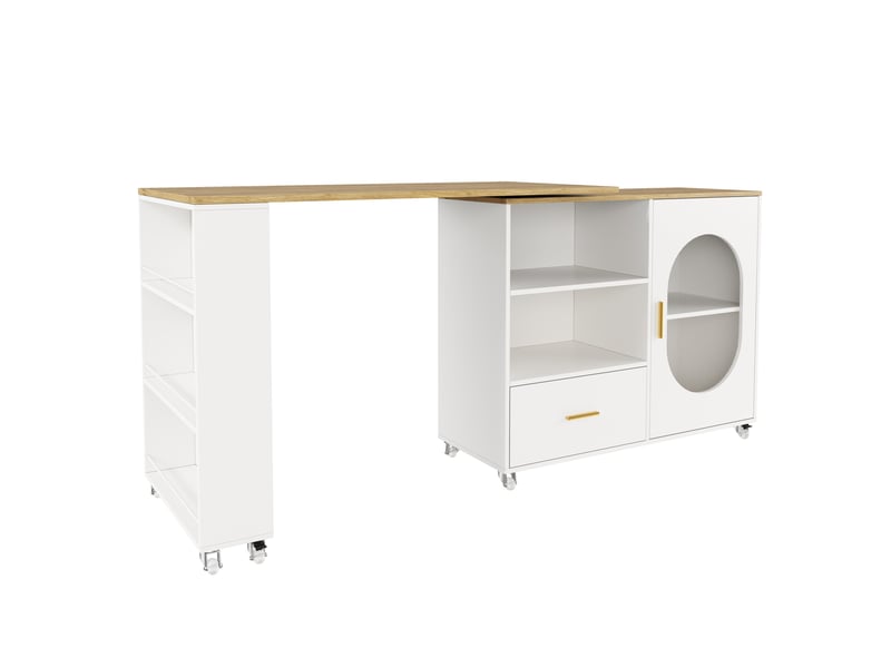 Îlot de cuisine mobile avec plateau pivotant 360°, naturelblanc, 120–180 x 60 x 90 cm - Conforama D