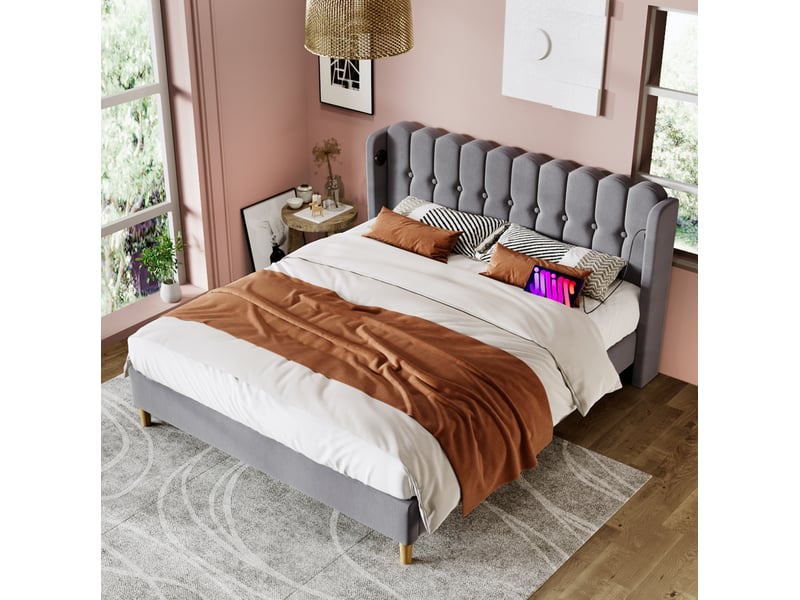  Lit double 160 x 200 cm gris en lin avec sommier à lattes, ports usb et type-c, avec matelas  - Conforama D
