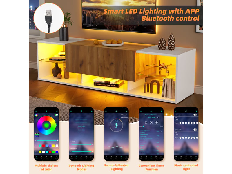  Meuble tv à trois niveaux avec éclairage led télécommandé, meuble tv blanc et bois pour télévision jusqu'à 70 pouces, 160 cm  - Conforama R