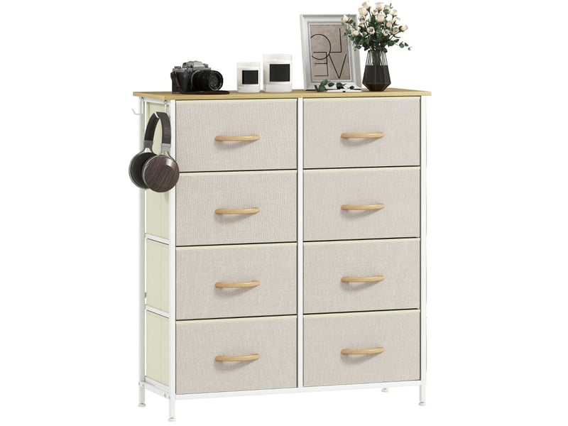  Commode de rangement 86x30x94,5 cm – beige – 8 tiroirs en tissu, 4 poches latérales, 2 crochets et plateau  - Conforama A