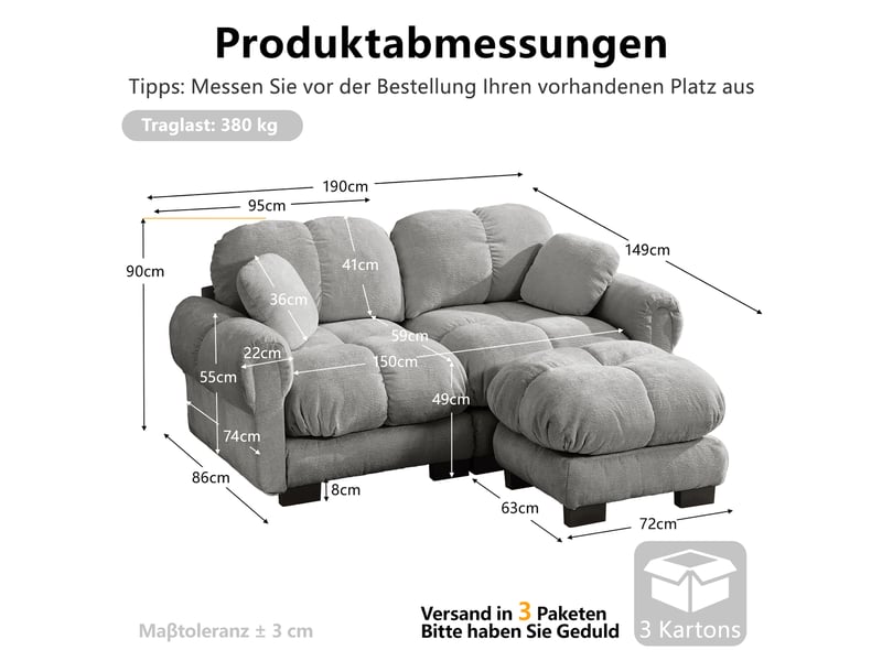 Canapé d’angle modulable 2 places avec pouf mobile - lpospi - coussins épais en chenille gris clair - Conforama D