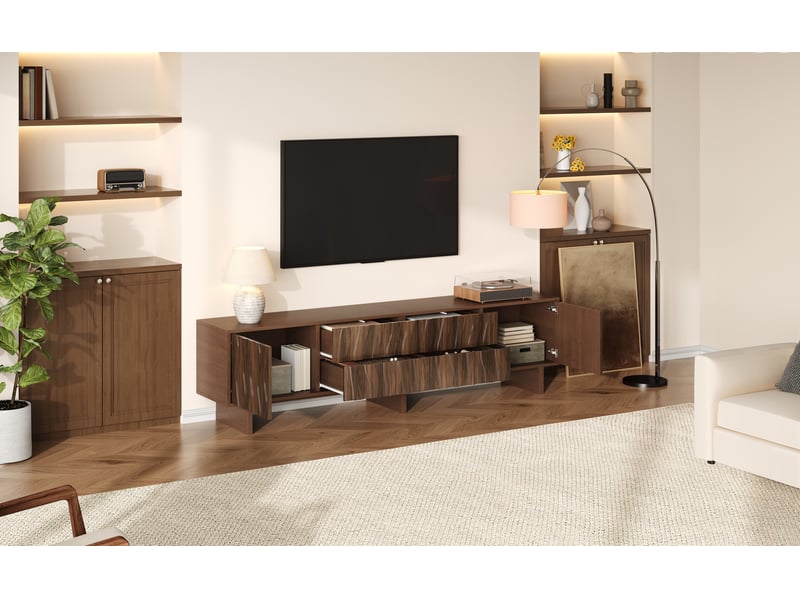 Meuble tv 180 cm effet noyer foncé, mdf et rotin, 5 rangements, écran jusqu’à 80 pouces - Conforama D