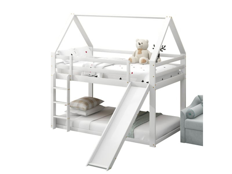  Lit superposé,lit cabane pour enfants en bois de pin 90x200cm avec toboggan,échelle d'escalade et garde-corps,blanc lit enfant blanc - Conforama A