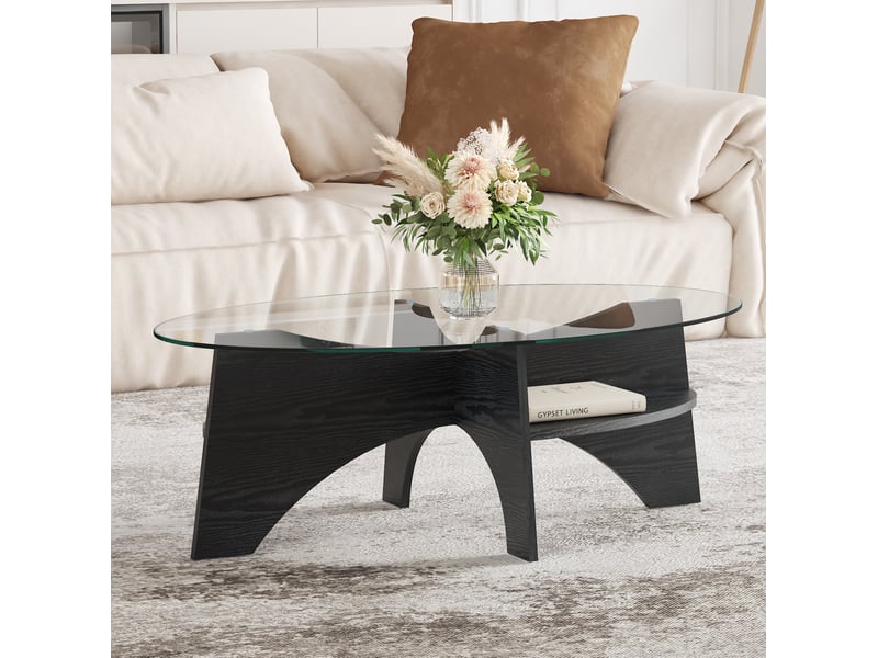  Table basse ulevr ovale avec tablette ouverte, verre de sécurité transparent 104,9 x 60 x 35,6 cm, mdf aspect bois noir  - Conforama E