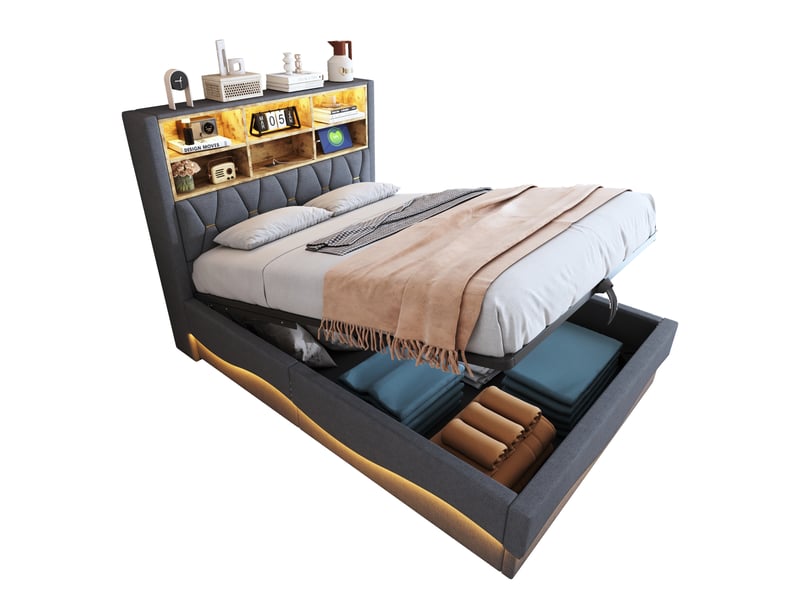  Lit rembourré 140×200 cm avec rangement hydraulique, led pilotable par application, usb, métal et lin gris  - Conforama A