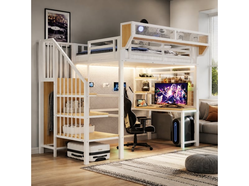  Lit mezzanine,90x200 cm,avec bureau, rangements et led,métal,blanc  - Conforama B