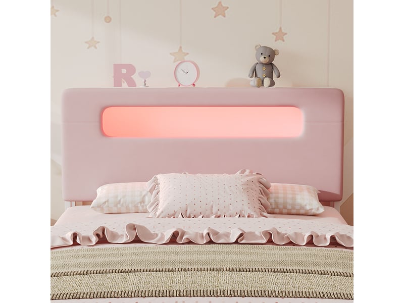  Lit enfant rembourré 140 x 200 cm rose, quatre tiroirs, tête de lit avec niches et éclairage led pilotable par application  - Conforama E