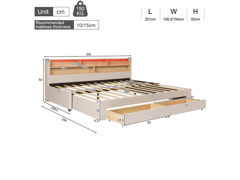  Lit banquette extensible 90x200 cm en velours beige avec rangement, led et usb  - Conforama C