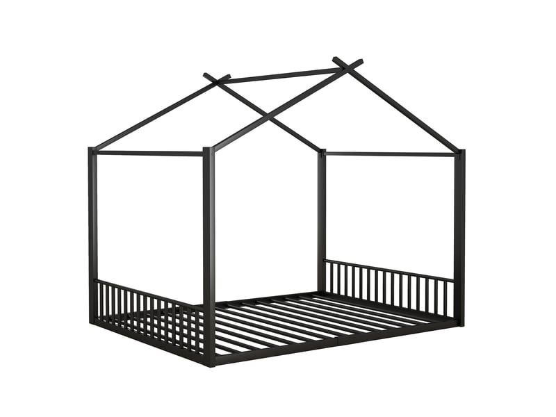 Lit cabane 140x200 cadre de lit en métal noir pour enfant, design maison avec sommier à lattes, robuste et moderne - Conforama R