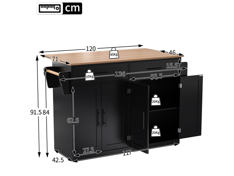 Desserte de cuisine 120x46-71x91,5 cm noire et naturelle avec plateau pliant - Conforama C