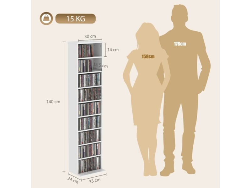 Meuble cddvd blanc 9 niveaux, 6 étagères réglables, capacité 260 cd, étroit et compact - Conforama C