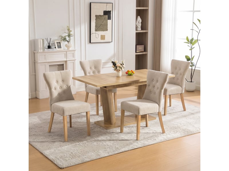 Ensemble table et 6 chaises de salle à manger – table extensible aspect bois massif brun naturel + chaises rembourrées beige en tissu chenille - Conforama D